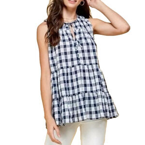 Anthropologie Pilcro Gingham Blue White Check Plaid Tier Blouse Top Tunic Small